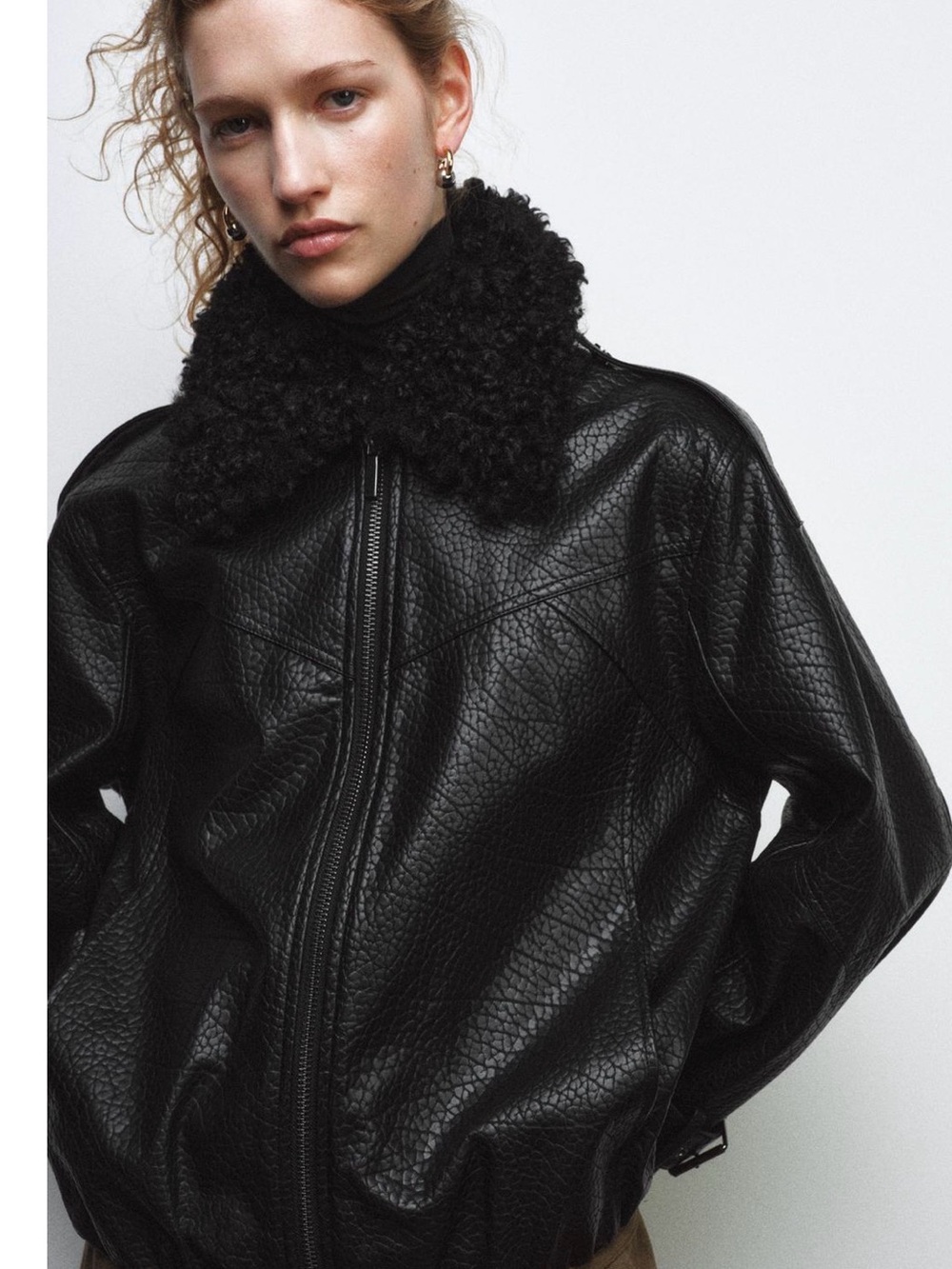 🖤ZARA NWT Faux Fur & Leather Bomber Jacket XS | Detachable Collar | Luxe Black
